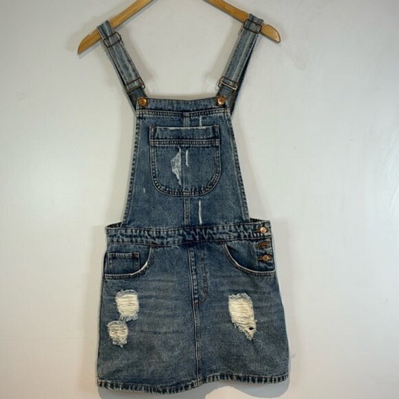 Forever 21 denim distressed  mini skirt overalls size small - Picture 1 of 9